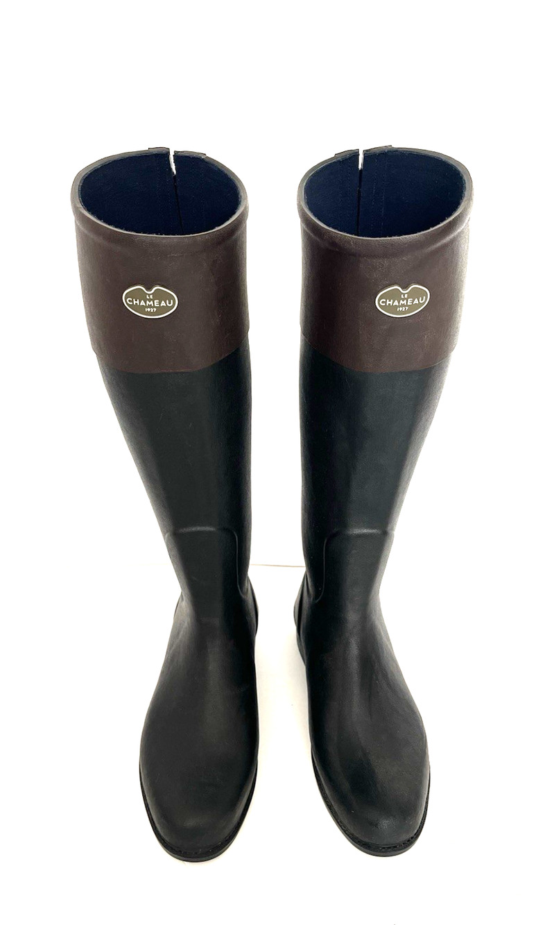 LE CHAMEAU 1927 BLACK WITH BROWN TOP TRIM RUBBER WATERPROOF BOOTS, BACK ZIP